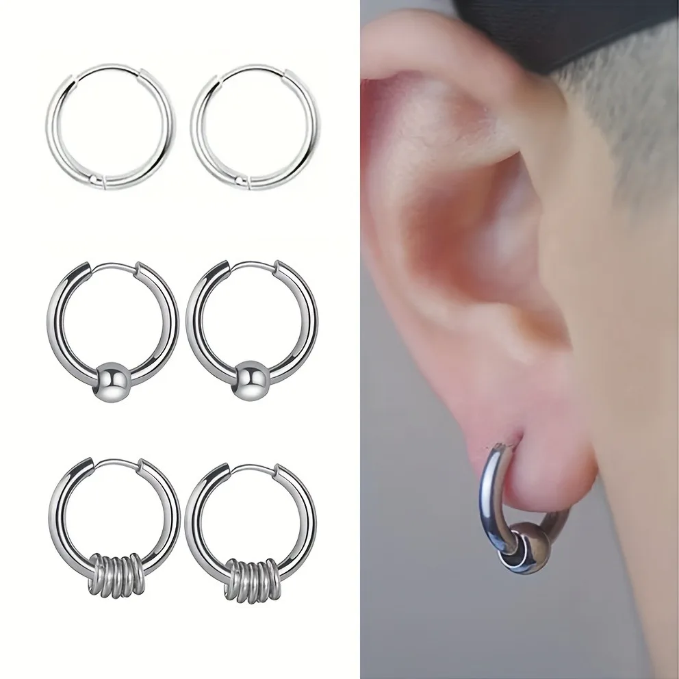 3-parowe kolczyki kółka ze stali nierdzewnej dla mężczyzn, kolczyki kółka z koralikami unisex w stylu hip-hopowym