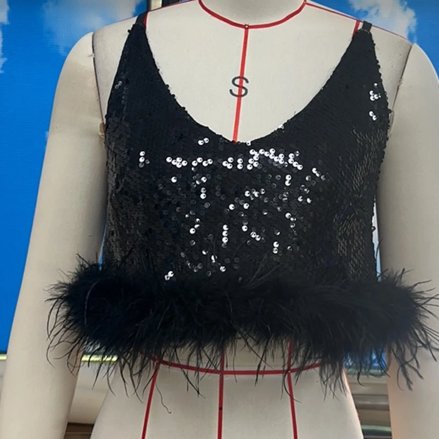 

Women's Sequin Cami Tank Top Slim Fit V Neck Sleeveless Backless Feather Trim Crop Vest for Summer Streetwear