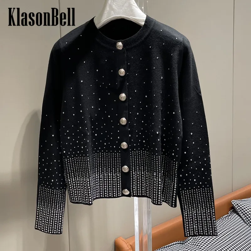 

7.26 KlasonBell Women Temperament Elegant Heavy Industry Bling Diamonds Rhinestone Single Breasted Wool Knit Cardigan