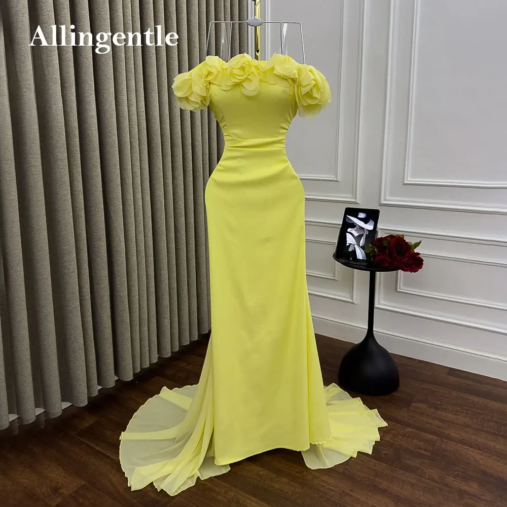 

Очаровательные желтые вечерние платья с 3D цветами и открытыми плечами, платье русалки для свадебного гостя, желтые шифоновые вечерние платья по индивидуальному заказу