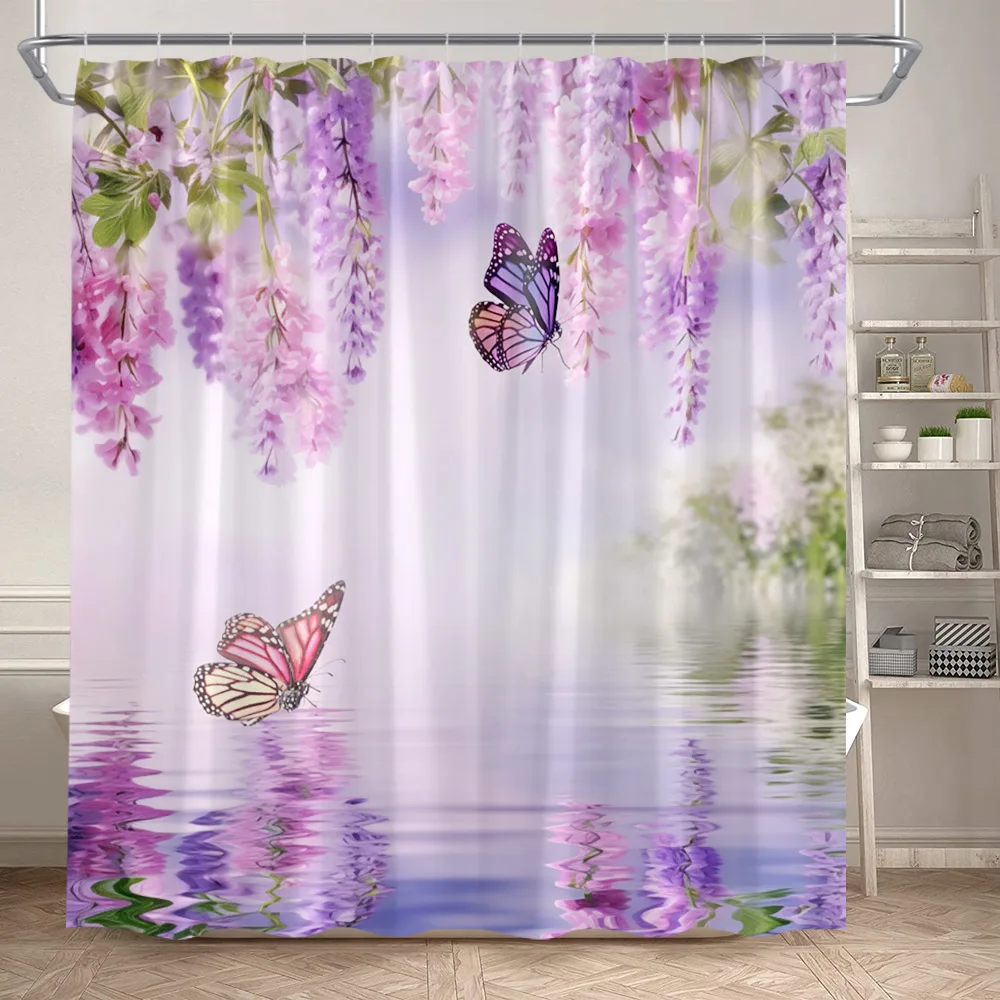 Rustic Floral Butterfly Shower Curtains Purple Vine Flowers Plant Nature Scenery Polyester Bathroom Curtain Decor Set With Hooks