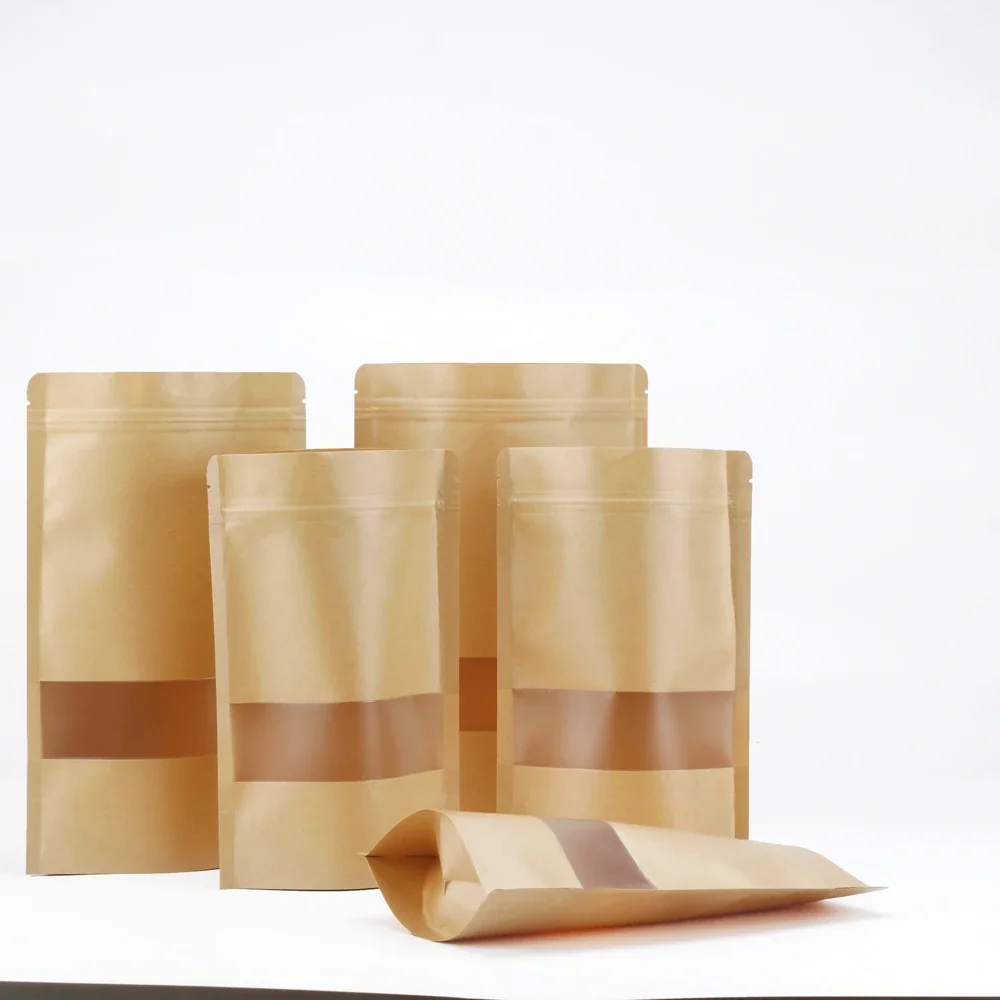 100 Stück Zip-Lock-Verpackungsbeutel aus Kraftpapier, Standbeutel mit Fenster und Reißverschluss, Verpackungsbeutel für Kleinunternehmen – Detail 3