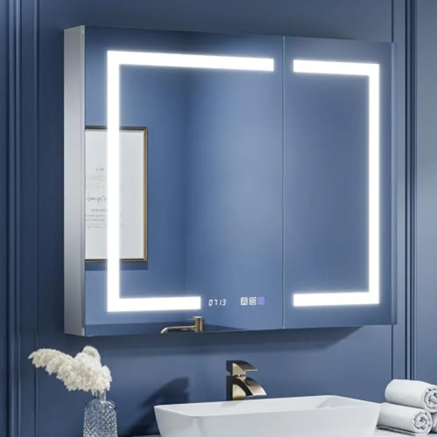 

Светодиодный зеркальный шкаф для ванной 36x30, встраиваемый/накладной, с часами, термометром, функцией антизапотевания, плавной регулировкой яркости, 3 цвета