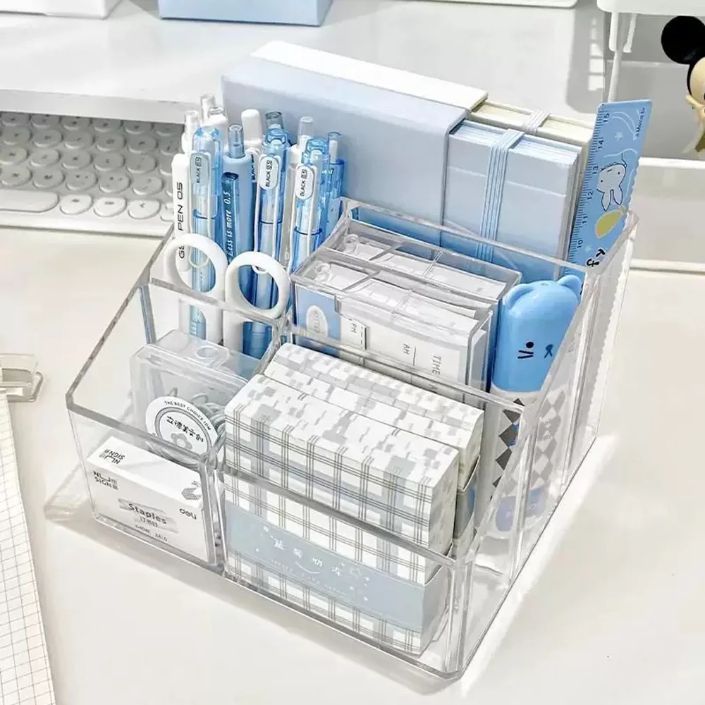 Clear Acrylic 5 Compartment Pen Holder Ins Style Desk Organizer Square Plastic Stationery Storage Case