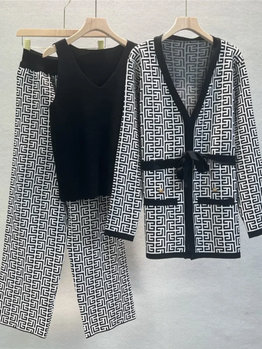 Inverno donna lavorata a maglia 3 pezzi Set musulmano Casual addensare giacca maglione cappotto + Top lavorato a maglia + pantalone 3 pezzi abiti