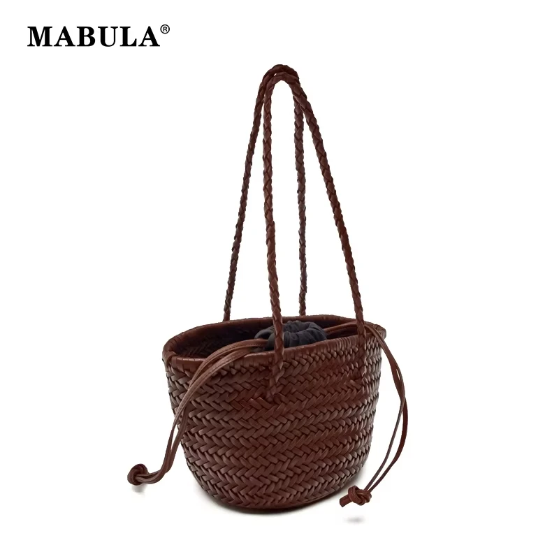 MABULA Vegant Leather Luxury Design Knitted Woman Shoulder Purse Handwoven PU Leather Female Tote Handbag Shopping Bucket Bag