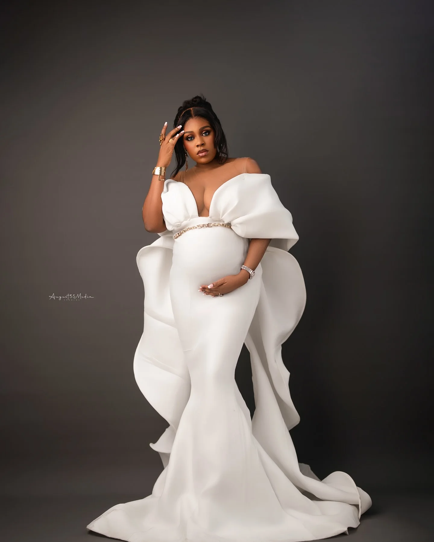 Abito premaman a sirena bianca modesta Servizio fotografico Collo trasparente Treno arricciato Abiti unici per servizio fotografico di maternità Abiti per baby shower