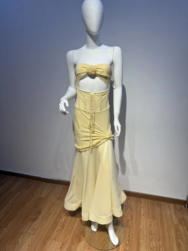 Yellow Lace Women Prom Dress Sexy Corset Hollow Sleeveless Strapless Long Sheath Party Gown Mesh Formal Birthday Red Carpet Robe