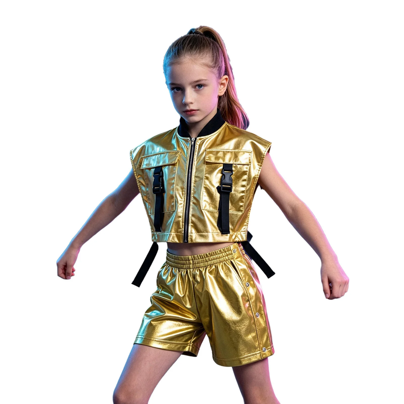 Kinder Mädchen Hip-Hop Jazz-Tanz-Outfit Aufführungskostüm mit seitlich geöffneter Metallweste mit Reißverschluss und seitlichen Druckknöpfen sowie glänzenden Shorts – Detail 21