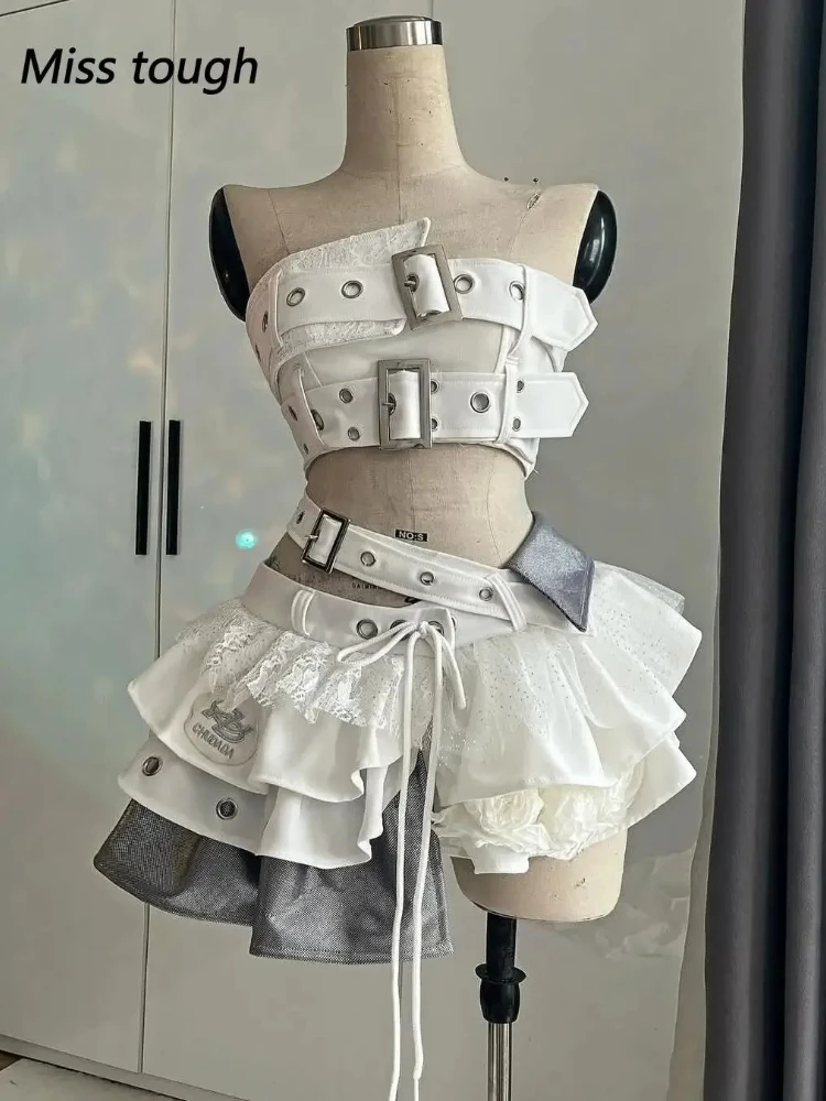 Women Gothic Two Piece Set Belted Strapless Top Ruffled Mini Skirt Suit Club Punk Style Irregular Layered Skirt Street Outfit image 2