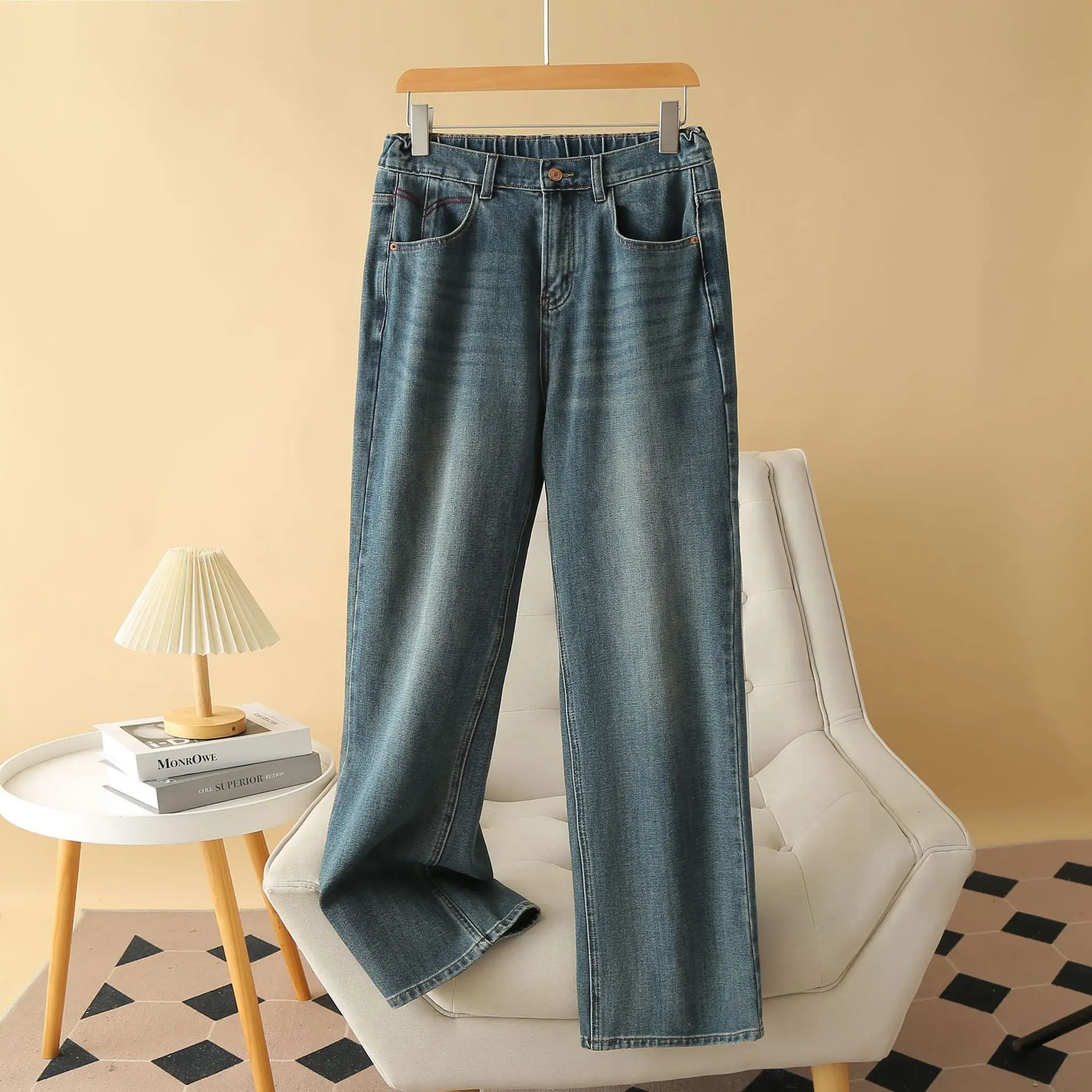 Autumn New Straight Jeans For Women High Waisted Quality Plus Size Stretched Denim Full Length Wide Leg Pants 5265