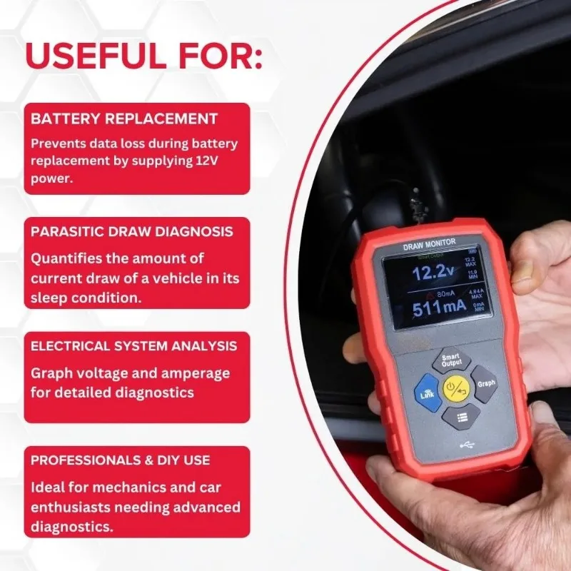 Automotive Battery Voltage Monitor & Parasitic Draw Tester, OBDII Connection