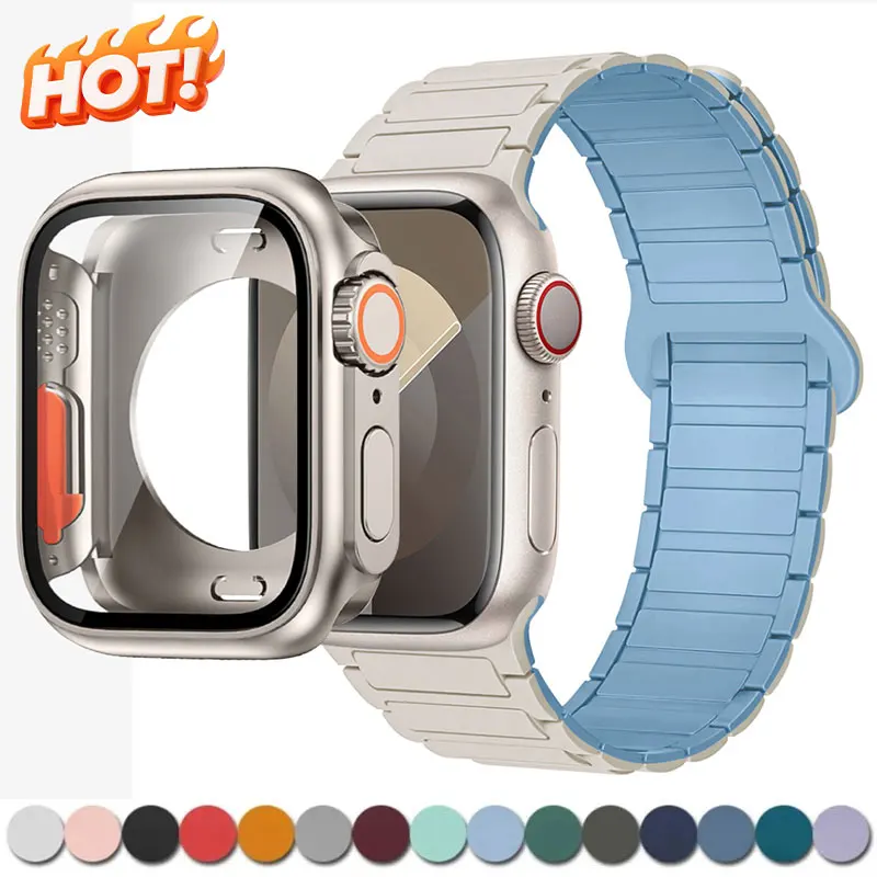 

Чехол + силиконовый ремешок для Apple Watch Series 11, 10, 9, 8, 7, 6, SE3, жесткий защитный чехол с магнитным ремешком для экрана Iwatch 44/45/40/41/46 мм