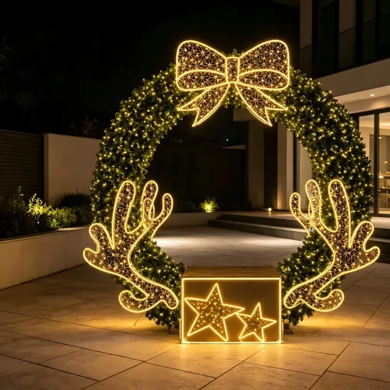 Giant LED Christmas Wreath Arched Light IP65 Waterproof 6000K Daylight Bow Antler Star Rope for Commercial Family Holiday