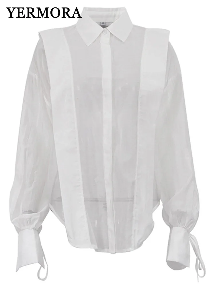 

YERMORA белая прозрачная повседневная блузка для женщин, свободная рубашка с лацканами и рукавами-фонариками, модная весна-лето, новинка 202, A534