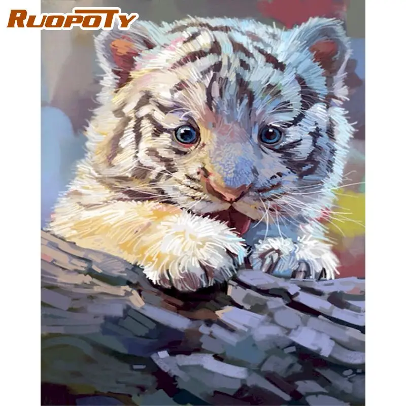 

RUOPOTY Painting By Numbers Kits For Adults Children Little White Tiger Paint By Number Handmade 60x75cm Framed Home Decors