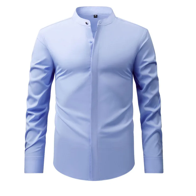 

Новая мужская рубашка в стиле ретро со стоячим воротником и длинными рукавами на резинке, весенне-осенний деловой легкий повседневный простой топ для зрелых людей