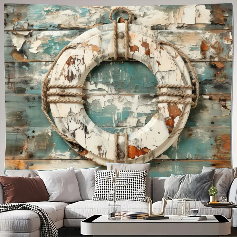 Large Rustic Nautical Life Ring Wall Tapestry Coastal Beach Decor Blue Weathered Wood Grain Canvas Art Print Hanging Decoration