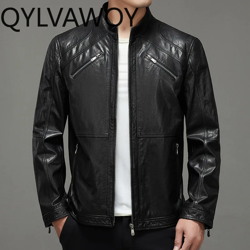 QYLVAWOY New Leather Jacket Man Top-grain Cowhide Stand Collar Motorcycle Jacket Slim-fit Jackets Short Jackets for Man Fashion