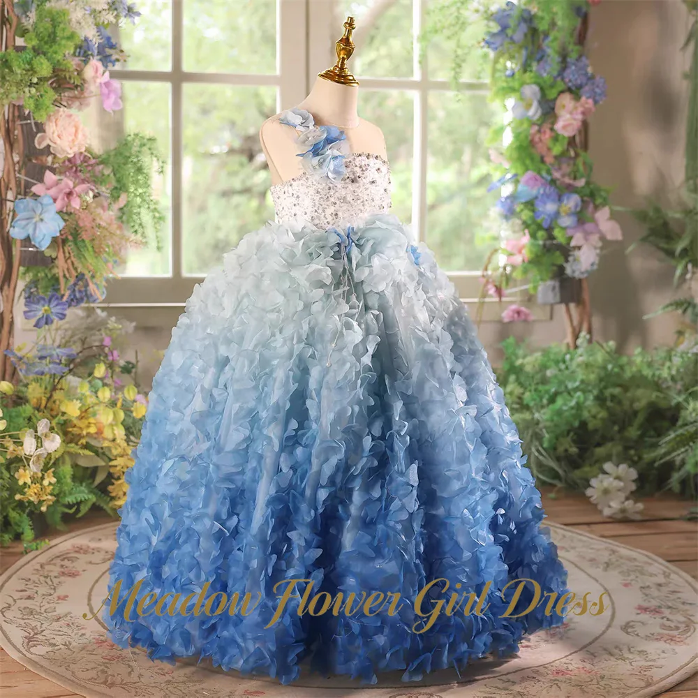 Meadow Royal Blue Princess Girls Dress Round Neck  First Communion Gown Gradient Blue Petal Children Birthday Wedding Dresses