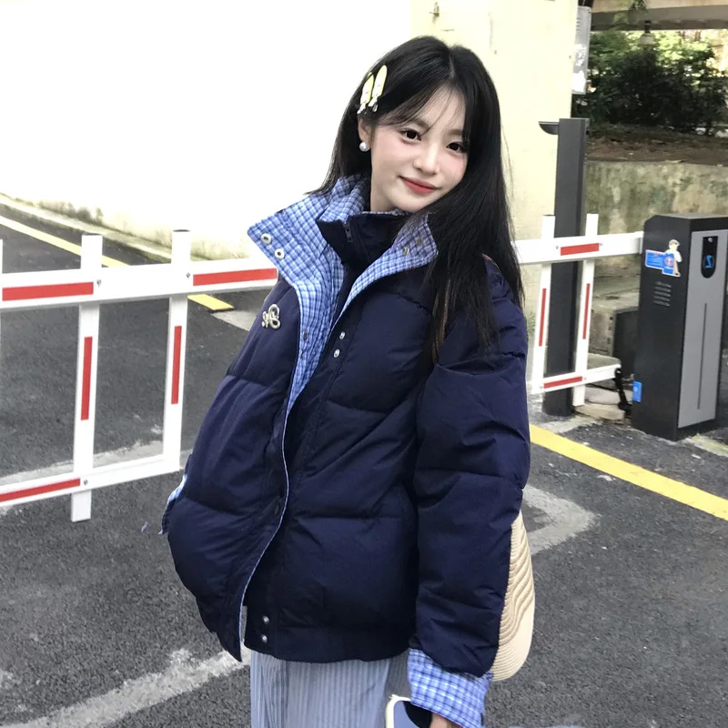 Plaid Parkas Coats Women Short Solid Jackets Zipper Pocket Stand Collar Long Sleeves Faux Layered Thick Loose Casual 2025 Winter