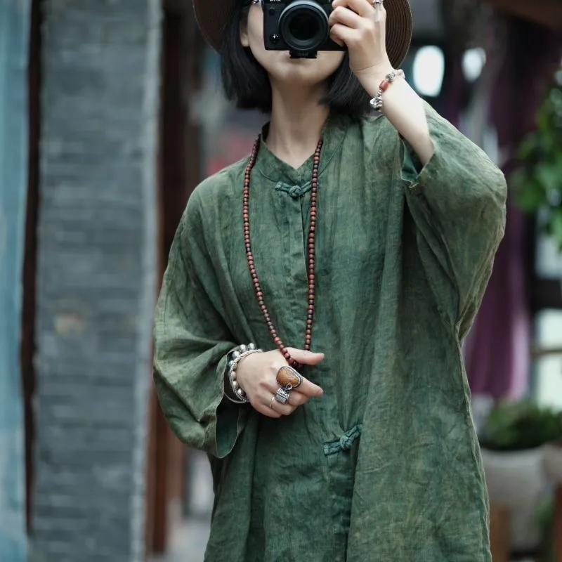 中国風のルーズグリーンコットンリネンドレス女性春の新文学カエルボタン通気性ソフトドレスミディ Vestidos