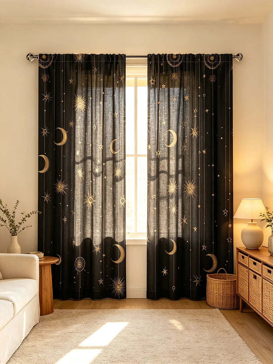 2PCS Boho Curtains, Gold Moon Star Sun Dreamcatcher Print, Celestial Window Drapes for Bohemian Bedroom Living Room