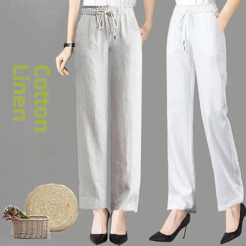 Faionable Hose mit weitem Bein für Damen, Sommer, Baumwolle, Leinen, lockere Freizeithose, Dstring, drapiert, großer Fuß, hohe Taille, gerade...