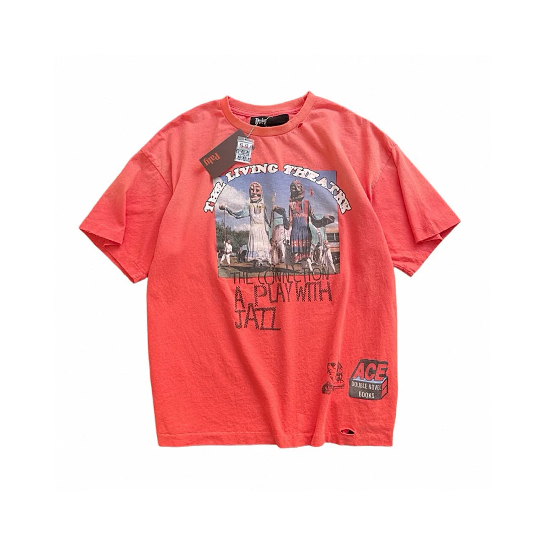 26SS Oversized Ripped Distressed T Shirts Vintage Print Washed Coral Cotton Short Sleeve Streetwear Men Casual Tees