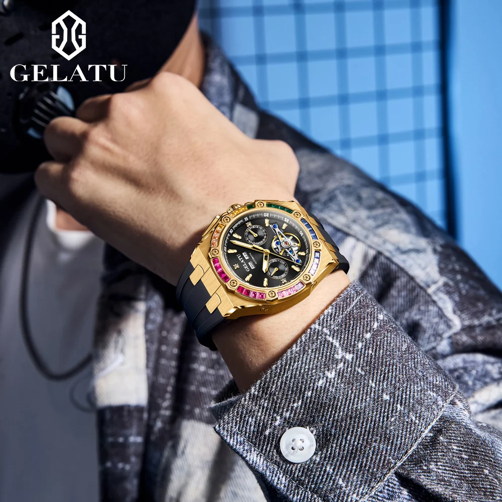 GELATU 6022 Men Watch Luxury Skeleton Flywheel Watch HD Multi functional Waterproof Diamond bezel Men Automatic Mechanical Watch