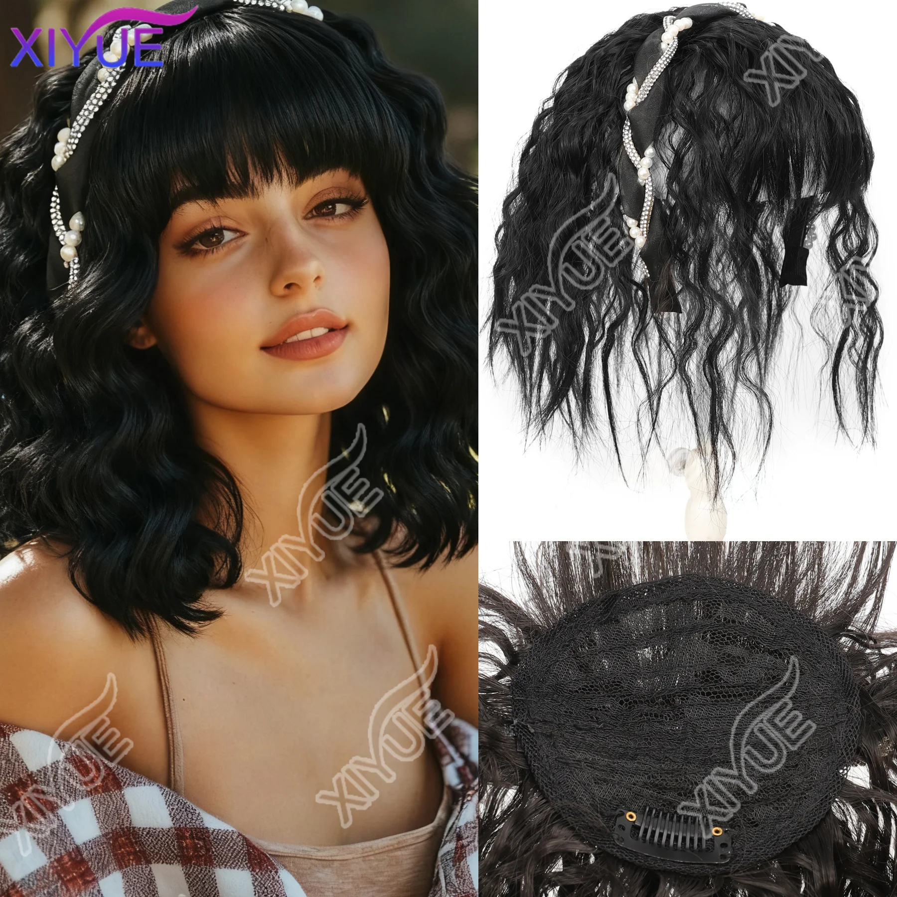 

XIYUE повязка на голову, парик с челкой, женский парик, один натуральный вьющийся волос, покрытый белыми волосами на вершине головы, тонкая челка, кусок парика