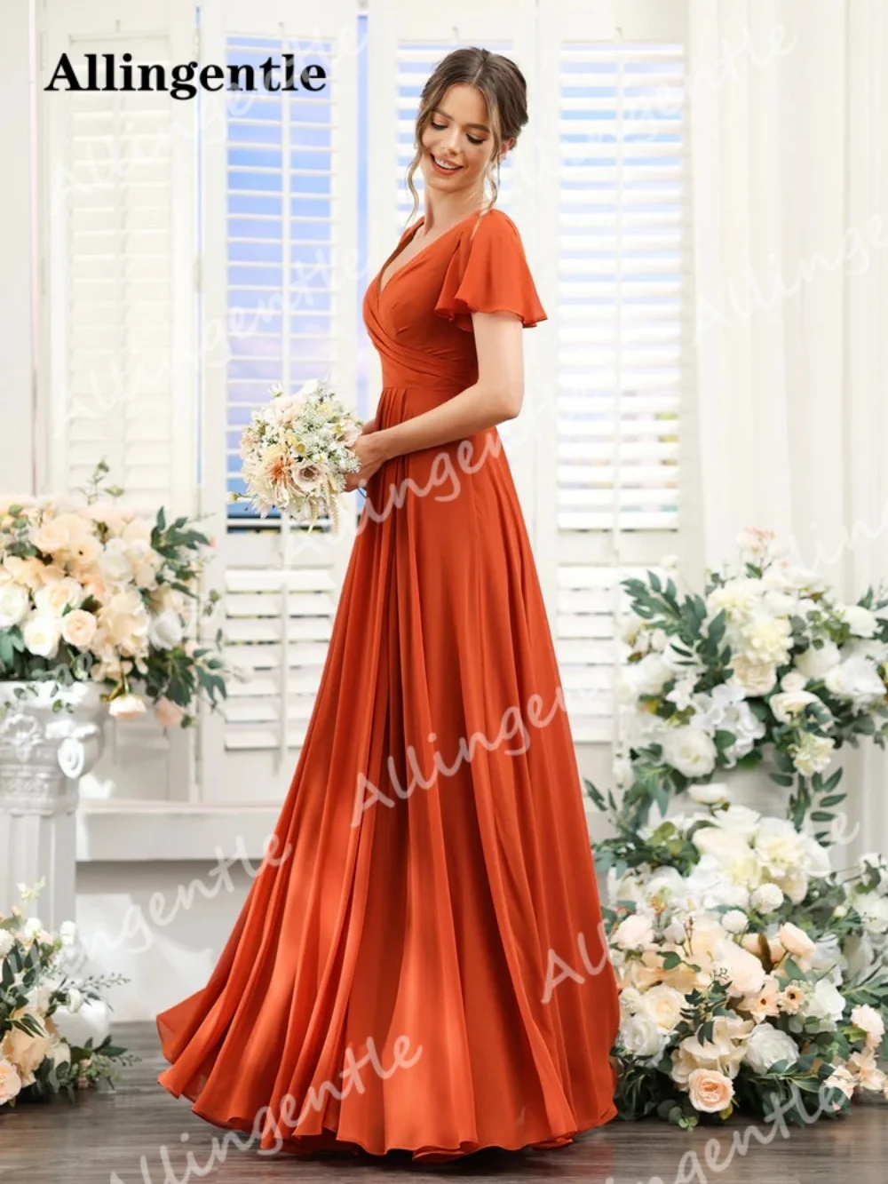 Allingentle A-Line V-Neck Bridesmaid Dresses for Wedding Short Sleeves Split Side Ruched Chiffon With Pockets Customized