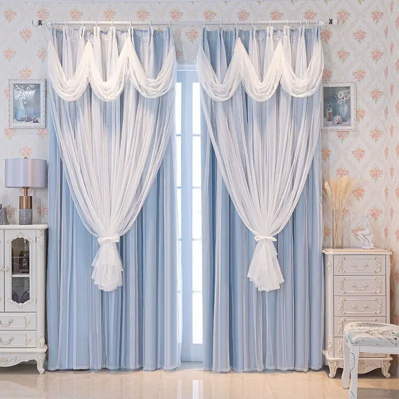 Modern Minimalist Lace Double-layer Curtain Princess Style Blackout Curtain with Valance for Living Room Bedroom