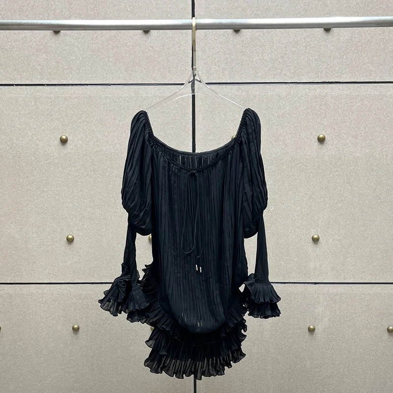 Dameskleding Y2K herfst en winter halternek off-the-shoulder geplooide damestop met lange mouwen en één schouderjurk 2025 nieuw