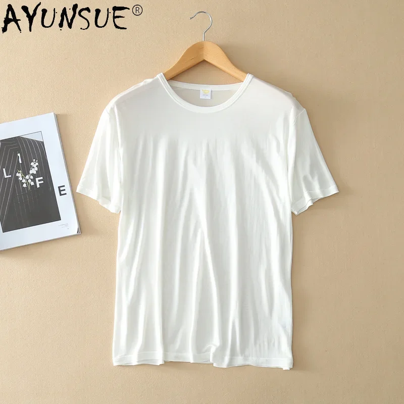 AYUNSUE Man's T-shirt White Summer Clothes Real Silk T-shirts Basic Tops Fashion Oversized T Shirt High Quality Ropa Hombre 7075