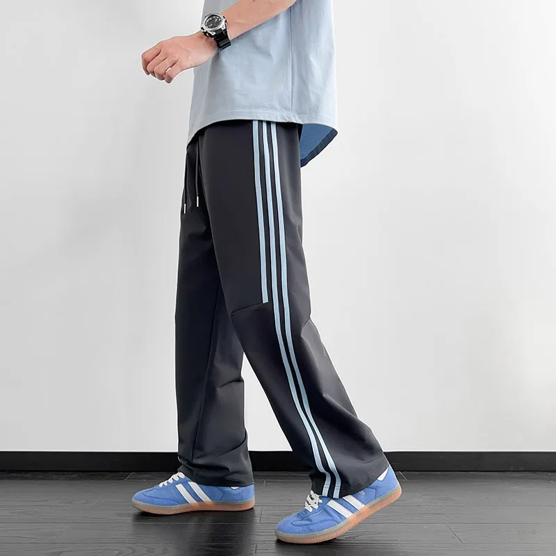 High street vintage listrado sweatpants homens perna larga verão goth masculino calças esportivas em linha reta streetwear treino bottoms