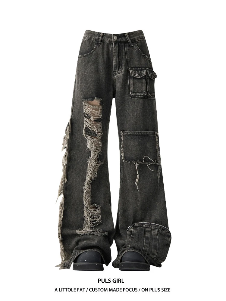 

plus Size American Retro Black Distressed Workwear Denim Pants Women Multi Pocket Loose Design Sense Floor-Length Trousers
