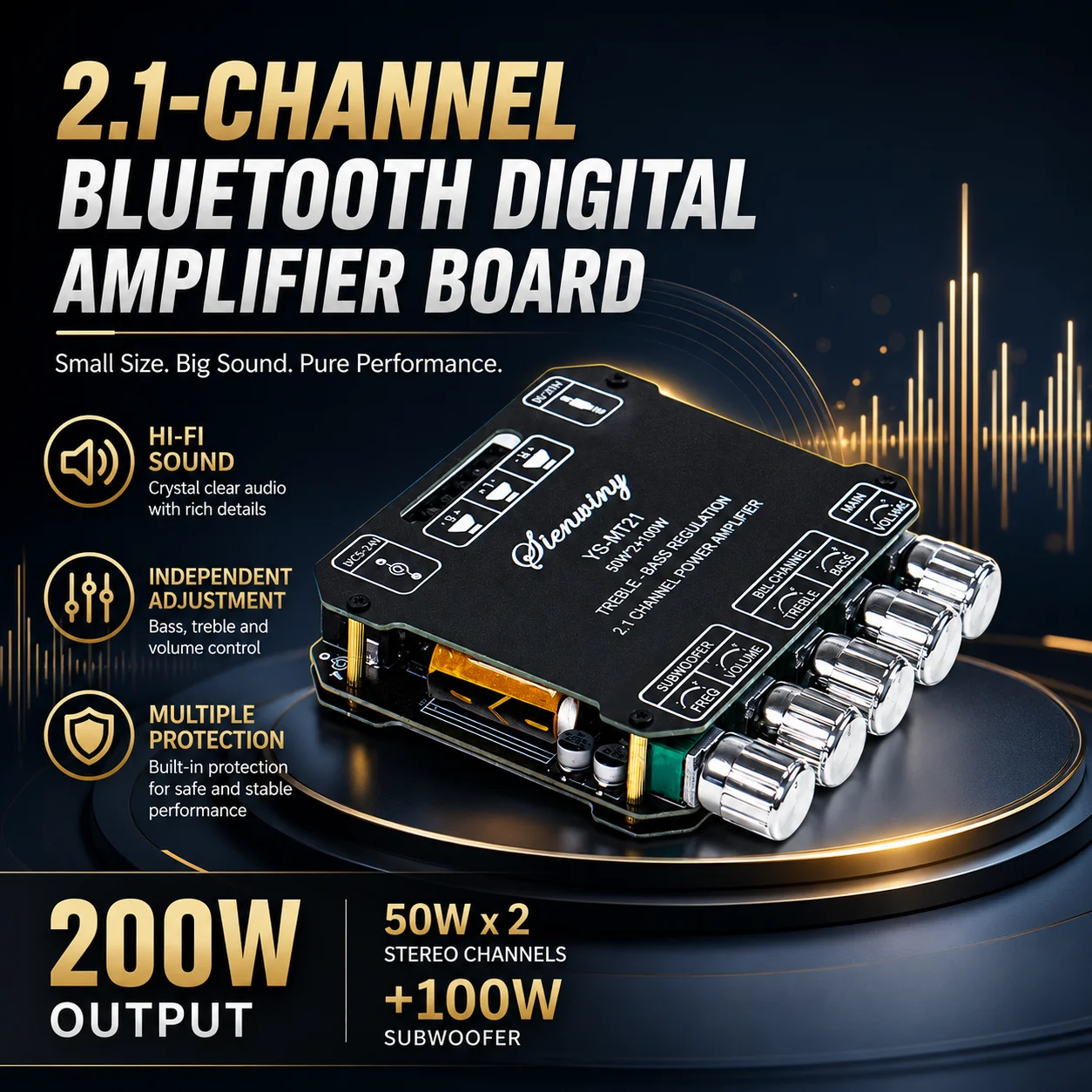 YS-MT21 2.1 Channel Audio Amplifier Board 200W Stereo Subwoofer Module With AUX Input, Treble Bass EQ For DIY Speaker System