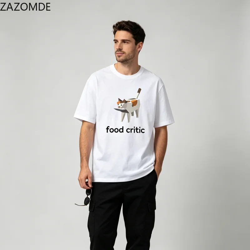 ZAZOMDE Punk Hip Hop Casual T-Shirt Cartoon Calico Cat Meme Print Food Critic Text Streetwear Short Sleeve Unisex Tops summer