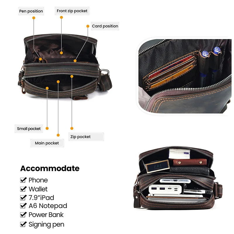 Crazy Horse Leather Crossbody Bag Men Genuine Leather Small Square Shoulder Bag Casual Daily Travel Messenger Purse Sling Bags
