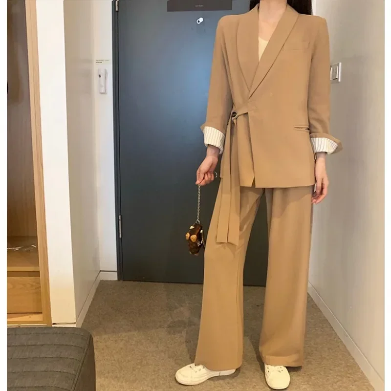 Insozkdg setelan pakaian wanita Vintage, Set blazer renda longgar Lapel + celana kaki lebar 2024 musim gugur