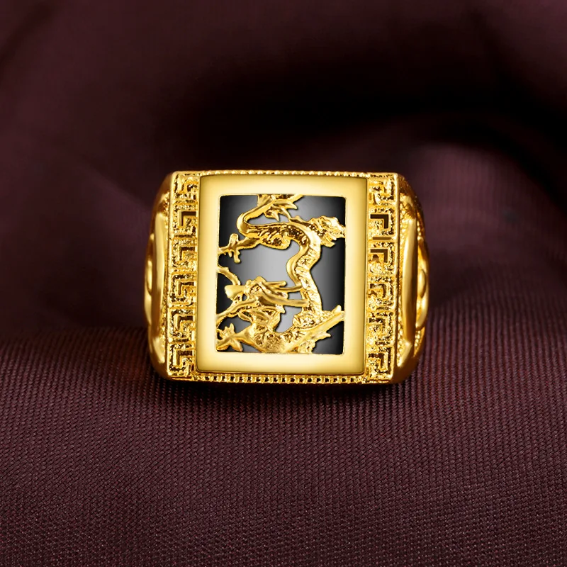 AU999 24K Gold Men's Dragon Zodiac Ring - Polished Dragon + Matte Zodiac Contrast, Chiseled Clouds-Flames, Negotiation Aura Full