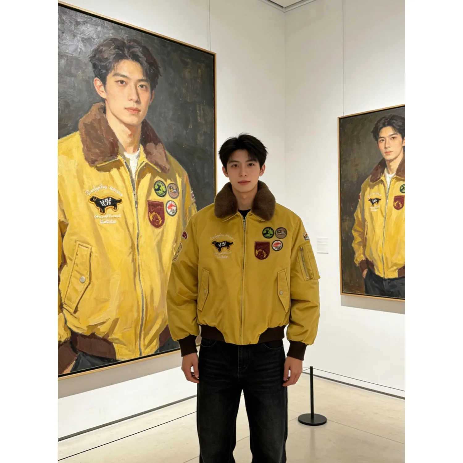 

Желтая вышитая летная куртка с меховым воротником, мужская зимняя теплая утепленная куртка с нашивками, уличный стиль, утолщенная