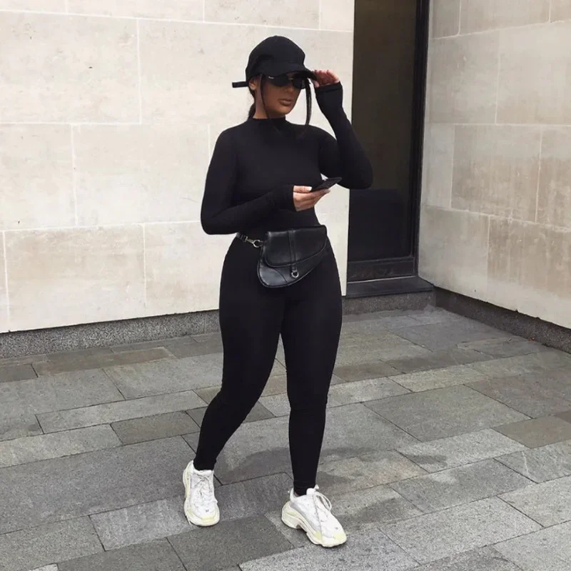 Autumn Long Sleeve Jumpsuits Women Streetwear O-Neck Solid Bodycon Sexy Black Rompers Casual Skinny Fashion Sporty Jumpsuits