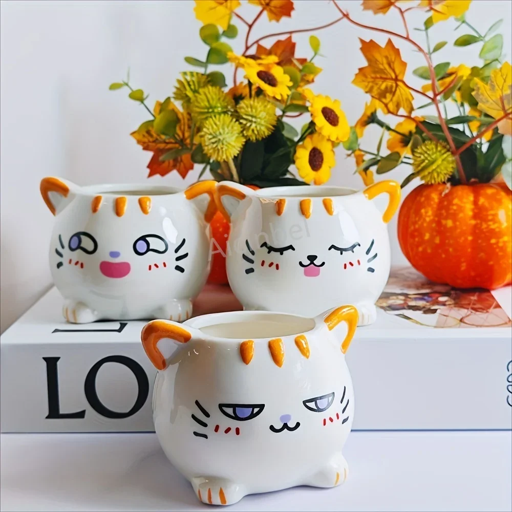 3pcs Set Ceramic Cat Planter Cute Cartoon Style Succulent Pots with Drainage Holes for Indoor/Outdoor Decor for Home & Office