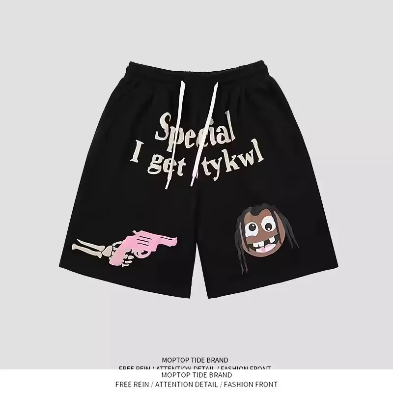 

Loose American Letter Print Shorts Sweatpants Men Women Summer New Five-Quarter Trendy Casual Elastic Waist Polyester Fiber