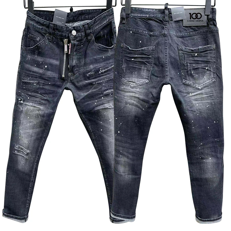 

100 chareiharper c051 Men's small straight leg jeans ripped fabric stretch paint splash jeans