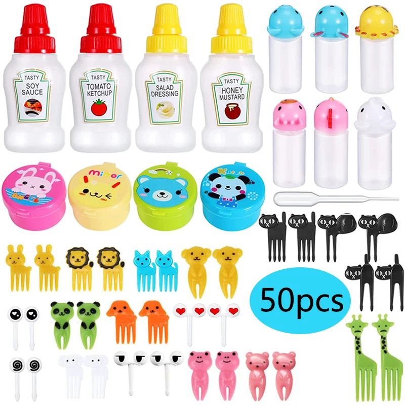 50 Pcs Kids Bento Box Accessories Food Picks Mini Condiment Bottles Ketchup Squeeze Bottles Mini Sauce Container with Funne