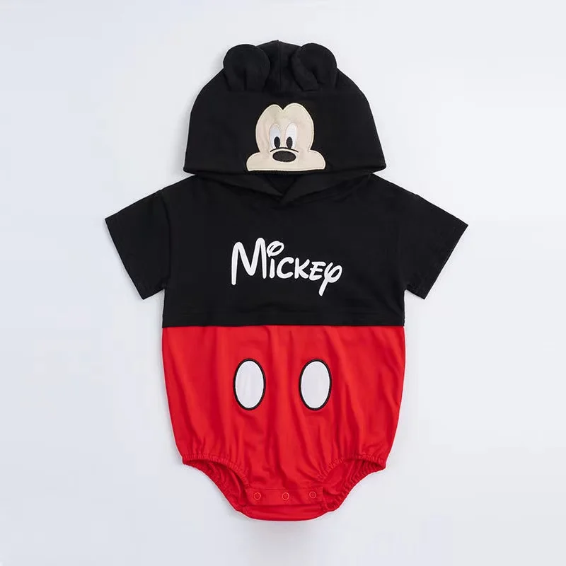 Summer Newborn Clothes Baby Boy Romper Cartoon Mickey Mouse Winnie the Pooh Print Short Sleeve Jumpsuit Girl Hooded Outfits 0-1T