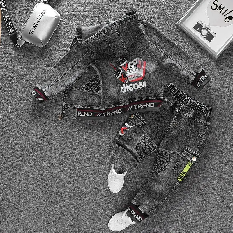 Dzieci wiosna jesień chłopiec dziewczyna 2 szt. Zestaw ubrań bawełniany płaszcz dżinsowy z kapturem + jednolite dżinsy spodnie chłopięce stroje